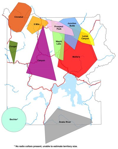 Map showing the approximate range of wolf packs in 2016