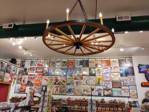 Wagon wheel light fixture inside Yippy I-O Candy Co.