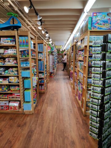 Shelves of toys inside Teton Toys.