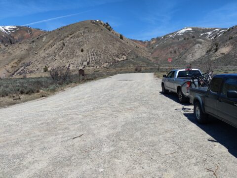 The parking lot at the free Astoria Hot Springs.