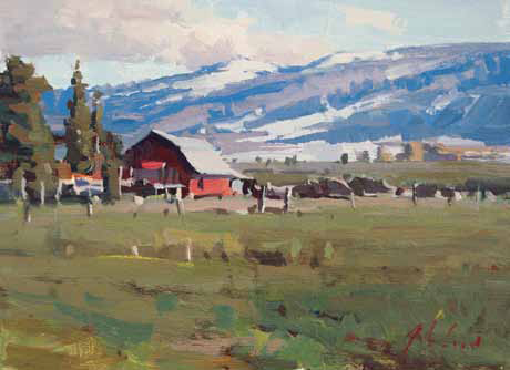 A nice painting of a barn.